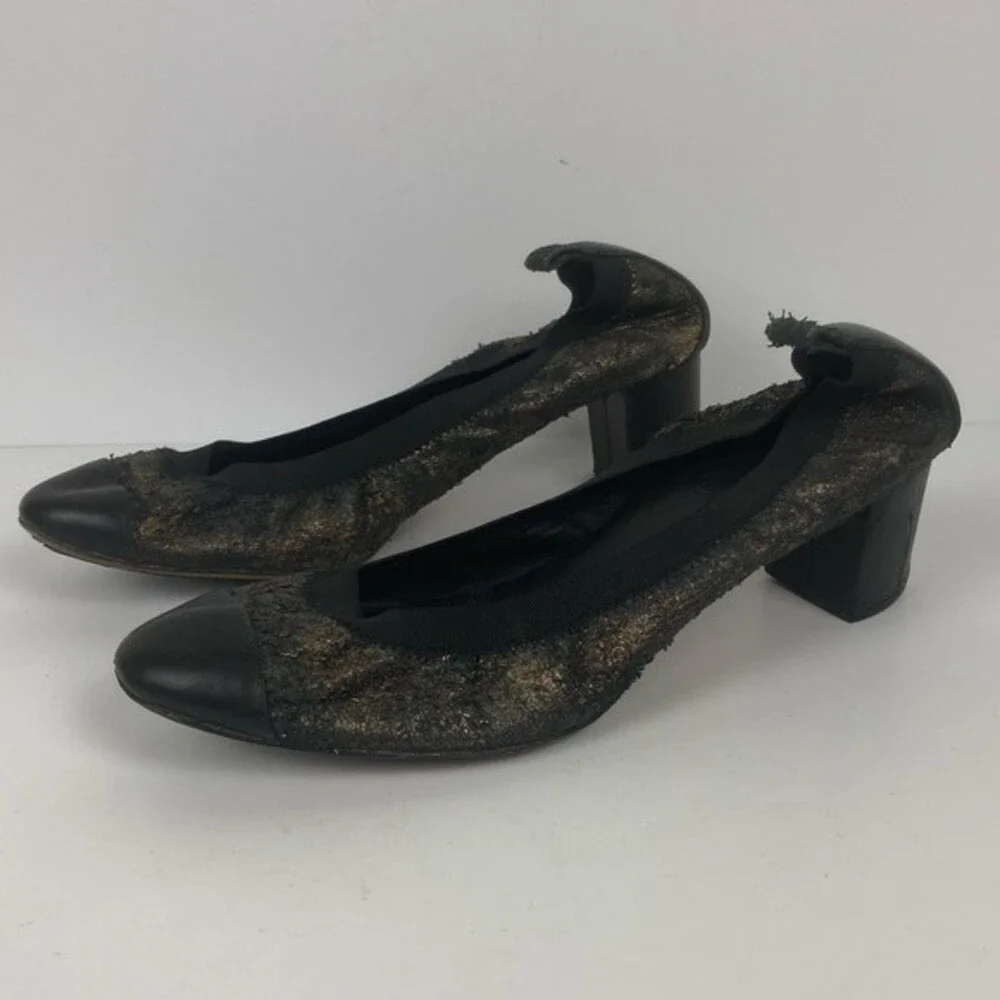 Chanel Metallic Lambskin Cap Toe Elastic Stretch Block Heel Pumps US 9.5